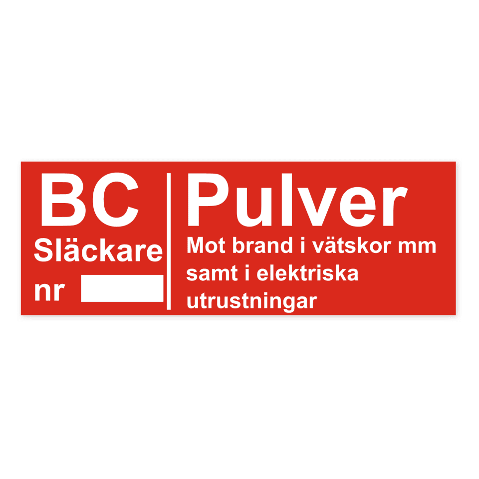 Brandsläckare - Pulver (BC): Mot brand i vätskor mm samt i elektriska utrustningar-skylten har storleken 297x105mm och tillverkas i materialet Dekal. Denna standardskylt kan anpassas så att du kan skapa din egen version av skylten.